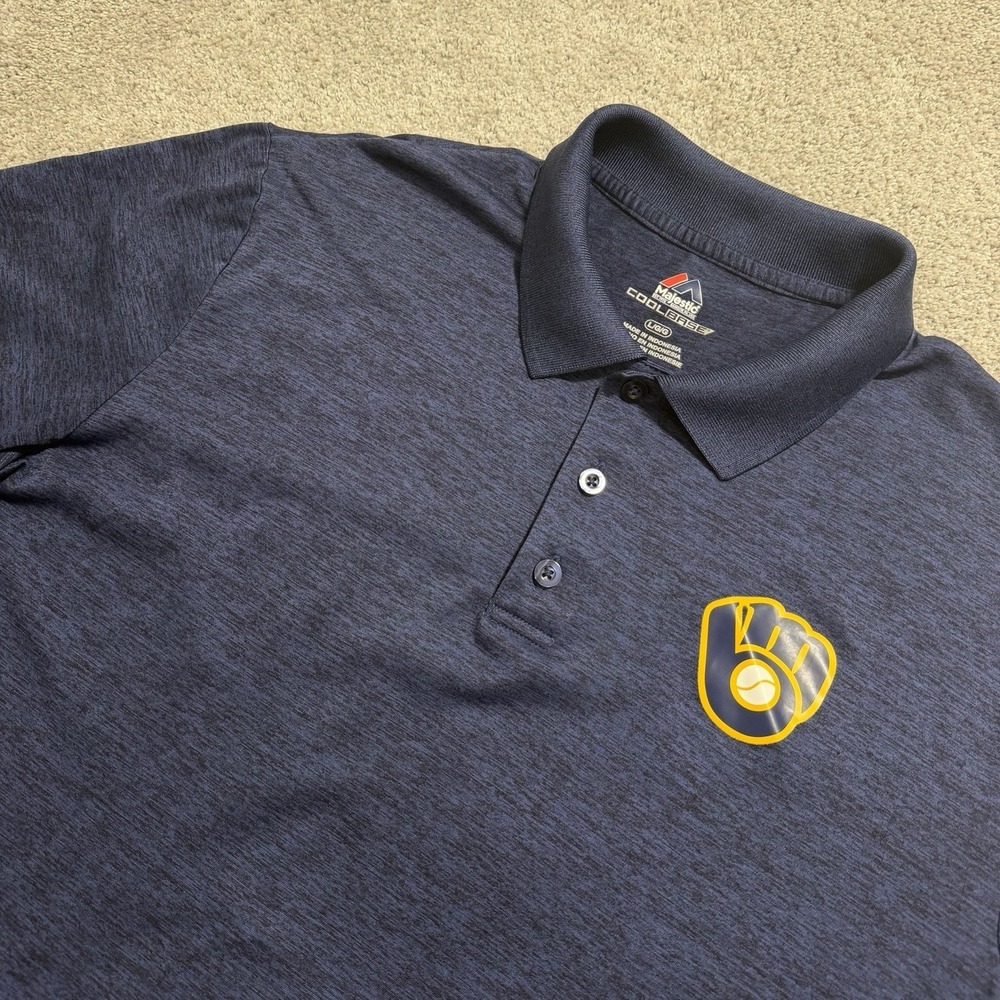 Milwaukee Brewers Polo Shirt Mens Sz L Navy Blue Majestic Cool Base Performance